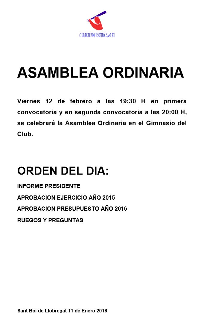 Anuncio Asamblea Ordinaria 12/02/2016